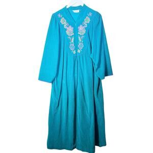 Vintage Vanity Fair Full Length Embroidered  Zip Up Housecoat Gown w pockets XL